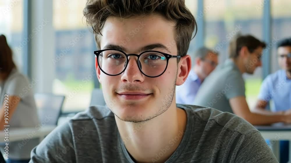 Teen studying in a bright classroom while engaging with peers during a group project in an educational environment Teen studying in a bright classroom while engaging with peers during a group project in an educational environment