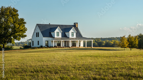 A modern farmhouse with a blend of traditional and contemporary elements set in a wideopen field. photo