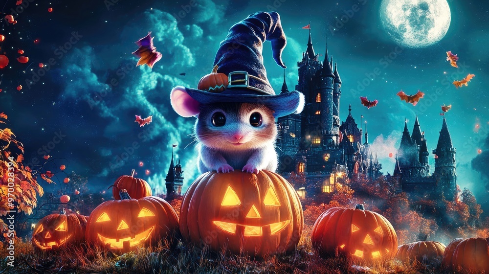 Fototapeta premium Cute mouse in witch hat with jack-o'-lanterns in front of a spooky castle.