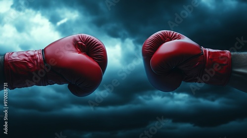 Two fists clash in a thrilling boxing match, set against a dark and dramatic sky. The intense moment is captured in close-up, leaving ample space for your own words or design elements.  photo