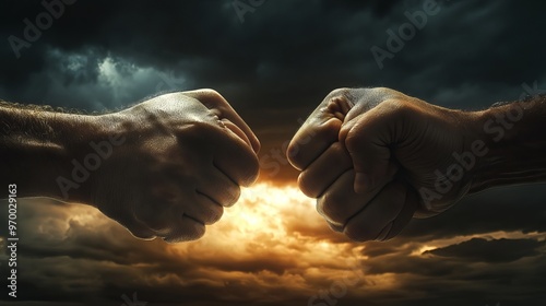 Two fists clash in a thrilling boxing match, set against a dark and dramatic sky. The intense moment is captured in close-up, leaving ample space for your own words or design elements.  photo