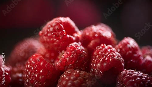 Fresh raspberries with water droplets. Juicy berries. Healthy eating. Natural product.