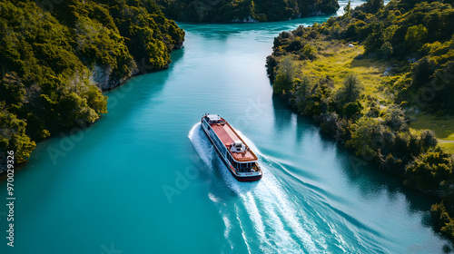 An electric ferry smoothly crossing a clear blue river surrounded by nature. photo