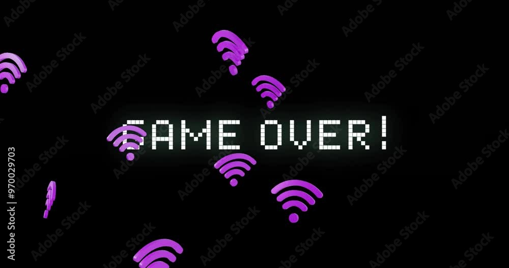 Animation of game over text over wifi icons on black background Animation of game over text over wifi icons on black background