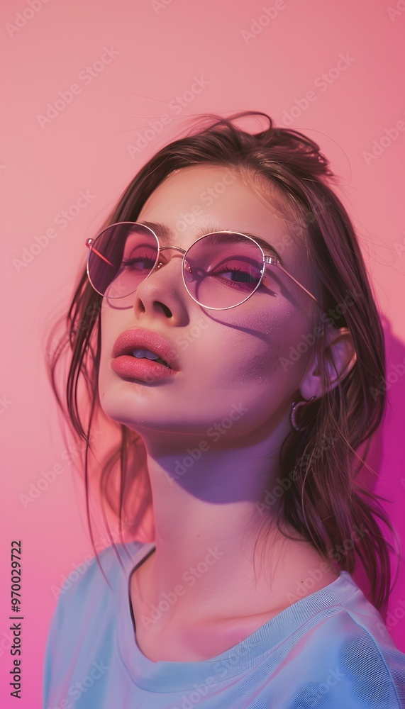 Young woman in stylish sunglasses on a minimalistic pink background Young woman in stylish sunglasses on a minimalistic pink background