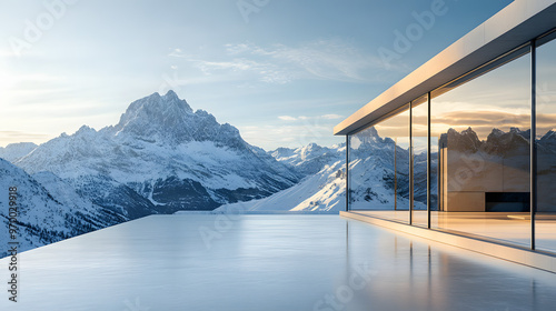 A modern mountain home with a minimalist design large glass walls and a stunning view of snowcovered peaks. photo