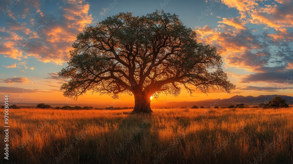 Fototapeta premium Solitary Tree Silhouette Against a Sunset Sky Over a Grassy Field