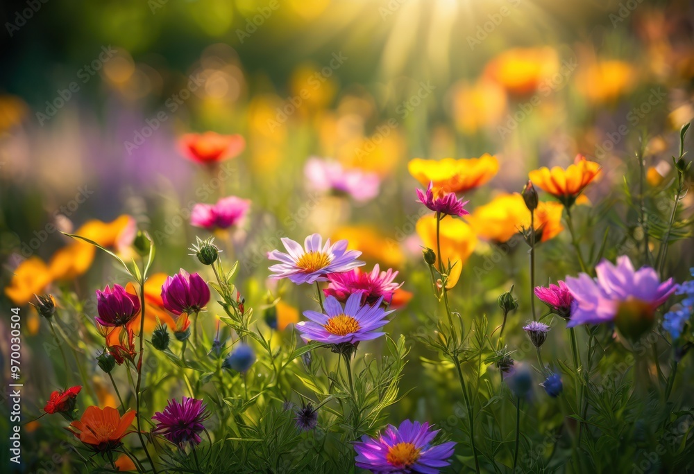 Fototapeta premium vibrant close ups blooming wildflowers showcasing colorful petals lush greenery splendor, nature, display, botanical, floral, beauty, vibrancy, garden