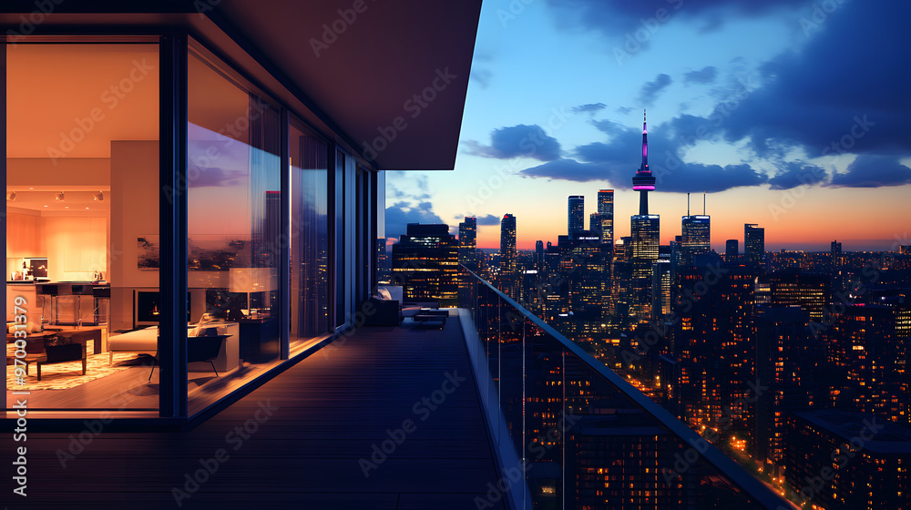 A modern urban condo with a minimalist design large balcony and panoramic city views set in a highrise building. A modern urban condo with a minimalist design large balcony and panoramic city views set in a highrise building.