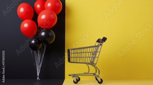 Colorful balloons and a shopping cart against a vibrant yellow wall in a crea...