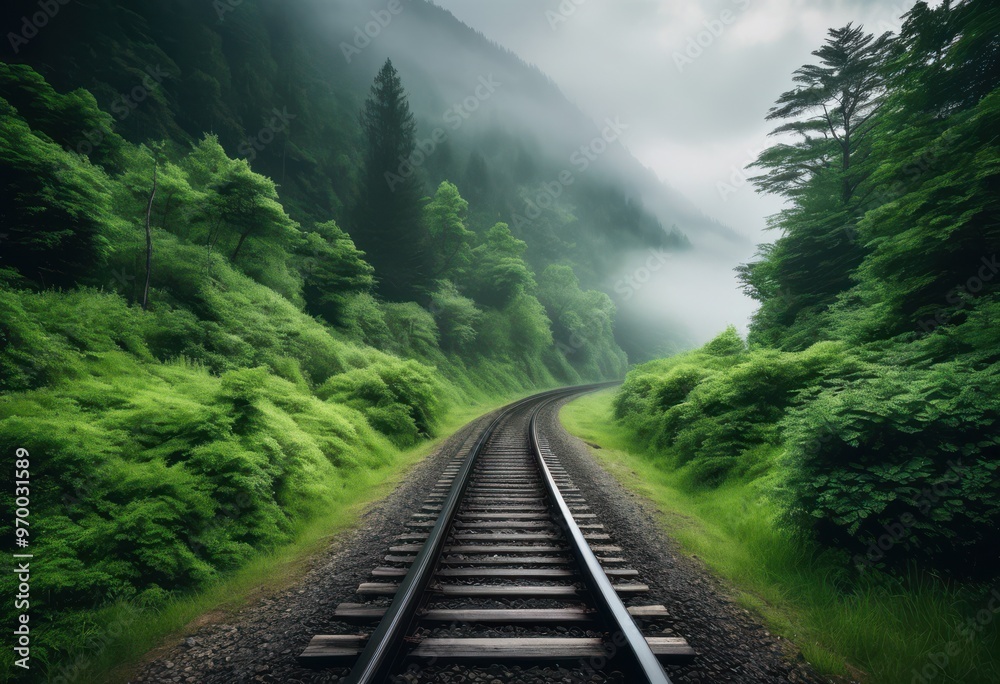 Fototapeta premium mysterious train tracks vanishing into misty landscapes surrounded lush greenery enigmatic fog, scenery, nature, path, journey, travel, road, destination