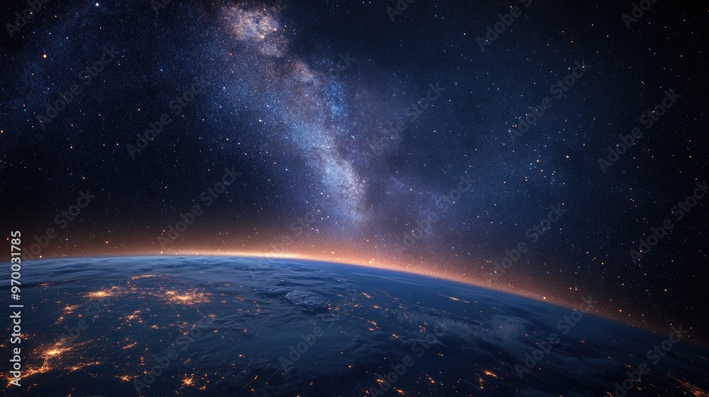 Earth at night with the Milky Way galaxy. Earth at night with the Milky Way galaxy.