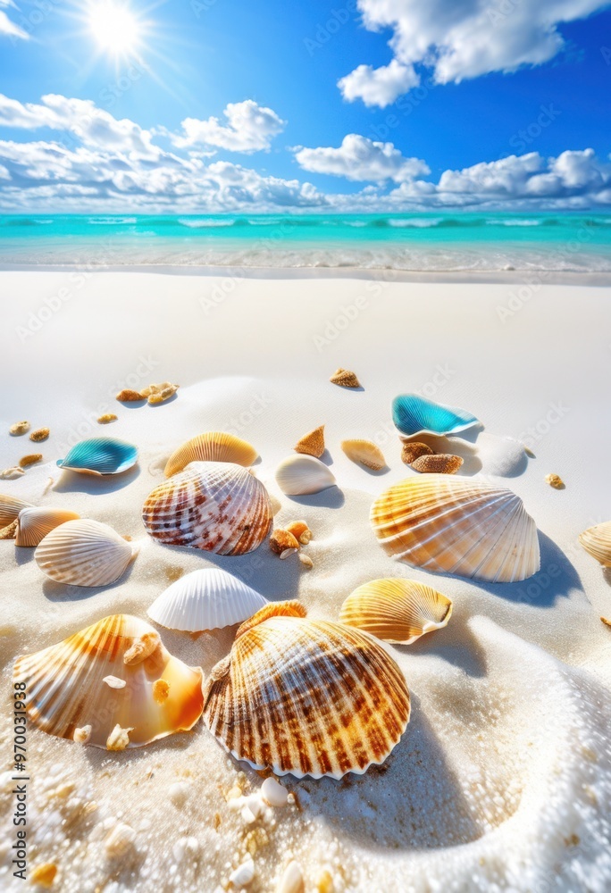 vibrant beachscape featuring colorful shells pristine turquoise waters under clear blue skies, landscape, sky, ocean, sand, sun, coast, tropical, scenery vibrant beachscape featuring colorful shells pristine turquoise waters under clear blue skies, landscape, sky, ocean, sand, sun, coast, tropical, scenery