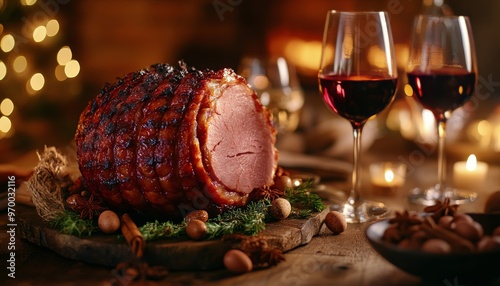 Glazed ham with red wine graces a festive winter dinner table