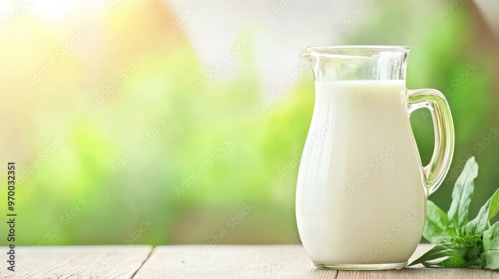 A glass pitcher of milk on a wooden surface, with a blurred green background, symbolizing fresh and natural dairy farm-to-table produce. A glass pitcher of milk on a wooden surface, with a blurred green background, symbolizing fresh and natural dairy farm-to-table produce.