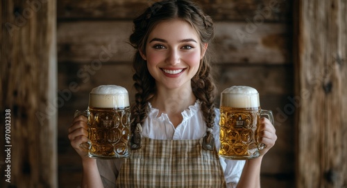 Young woman in traditional attire cheerfully holding two large beer mugs indoors
