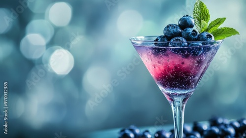 Refreshing berry cocktail garnished with mint and blueberries on a colorful b...