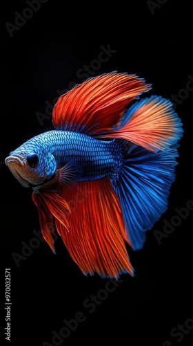 iridescent betta fish vibrant redblue fins fluid motion frozen in time inky black background dramatic contrast ethereal underwater ballet