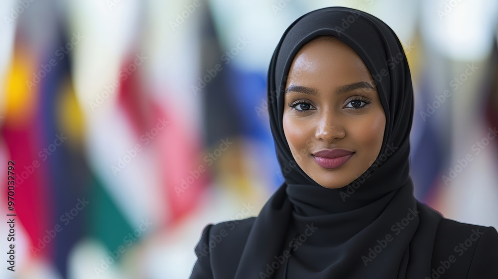 A young woman in a black hijab stands confidently at a podium, addressing an audience, with blurred flags in the background. A young woman in a black hijab stands confidently at a podium, addressing an audience, with blurred flags in the background.