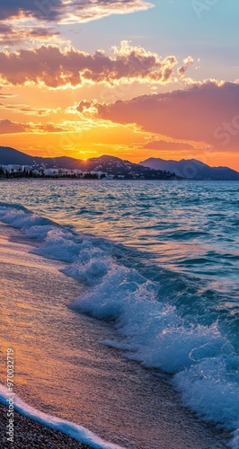Golden sunset over calm waves at a beach with distant hills in the background