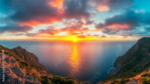 A panoramic view of the ocean from a high mountain peak with the sun setting in a vibrant sky.