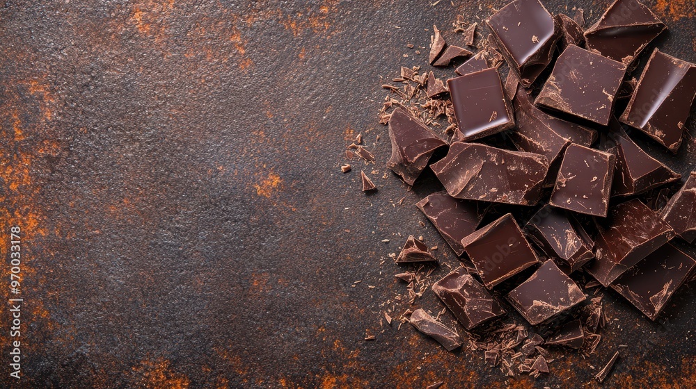 Pieces of dark chocolate bars on a textured, dark stone background. Perfect for indulgent recipes and gourmet presentations. Pieces of dark chocolate bars on a textured, dark stone background. Perfect for indulgent recipes and gourmet presentations.