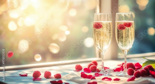 Sparkling raspberry cocktails on a sunlit table adorned with rose petals in a...