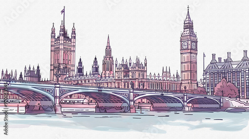 panorama view of london city bridge uk big ben traffic landmark united kingdom png white background 2d digital painting illustration tourism landmark