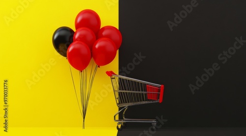 Colorful balloons and a shopping cart against a vibrant yellow wall in a crea...