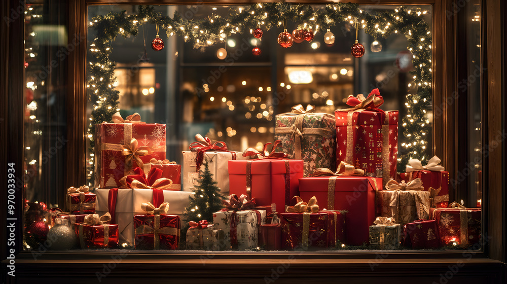 A Christmas gift shop window display filled with beautifully wrapped presents twinkling lights and festive decorations. A Christmas gift shop window display filled with beautifully wrapped presents twinkling lights and festive decorations.