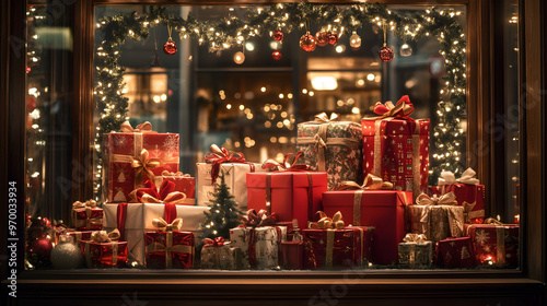 A Christmas gift shop window display filled with beautifully wrapped presents twinkling lights and festive decorations.