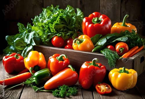 colorful arrangement fresh vegetables displayed rustic natural wood surface stunning visual experience, backdrop, harvest, organic, produce, variety, vibrant