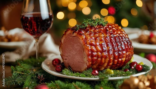 Deliciously glazed ham served with red wine during festive holiday dinner cel...