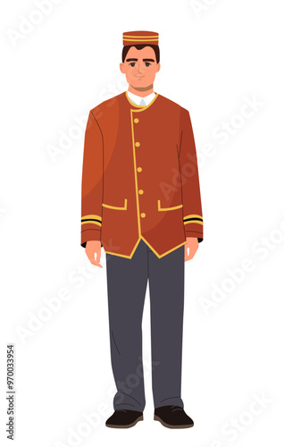 Hotel element concept. Man in uniform. Doorman or loader. Holiday and vacation, tourism. Hostel service. Poster or banner. Flat vector illustration isolated on white background