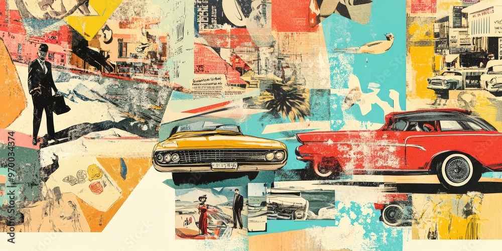 Fototapeta premium Retro-inspired collage with vintage cars and urban scenes for creative design.