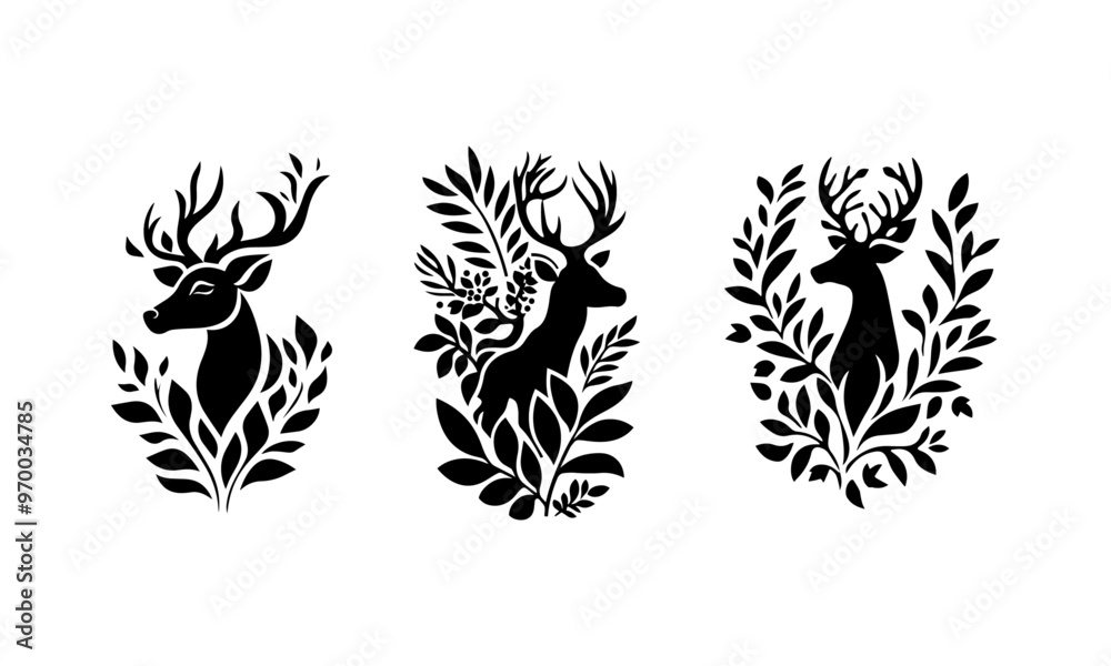 Fototapeta premium flora and fauna patterns, vector ornaments with leaves and deer, for plotter cutting