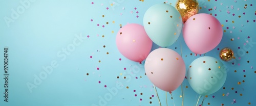 Festive balloons with gold and blue colors against a light blue background fo...