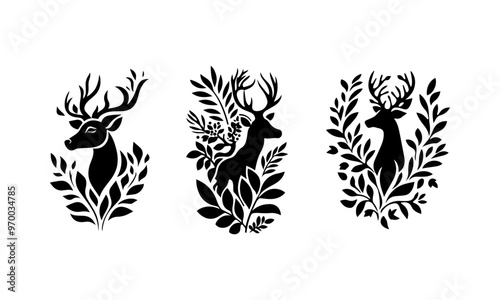 flora and fauna patterns, vector ornaments with leaves and deer, for plotter cutting