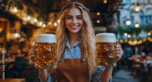 Smiling bartender serving two large mugs of beer in a rustic bar setting