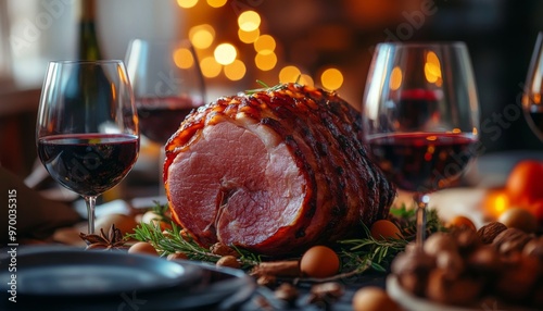 Glazed ham with red wine graces a festive winter dinner table