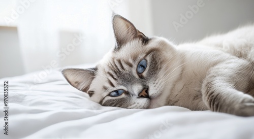 A relaxed cat lounging on a soft blanket in a sunlit room during the afternoon