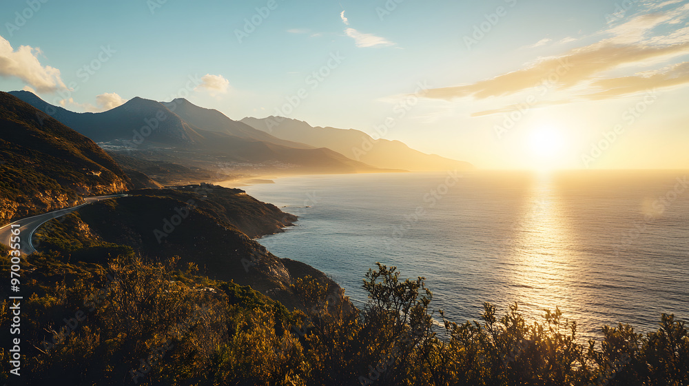 A picturesque ocean view from a winding coastal road with the sun setting behind distant mountains. A picturesque ocean view from a winding coastal road with the sun setting behind distant mountains.