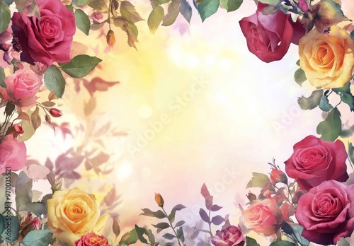 Colorful floral arrangement creating a vibrant border with pastel hues in sof...