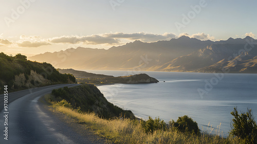 A picturesque ocean view from a winding coastal road with the sun setting behind distant mountains.