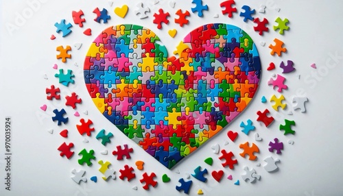 Colorful Puzzle of Support: Children with Headphones, Hearts, and Puzzle Pieces for Neurodiverse Conditions