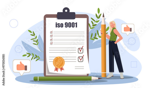 ISO certification concept. Woman with huge pencil near todo list. Business certification and quality control. Inspector with clipboard. Flat vector illustration isolated on white background