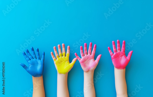Three colorful handprints of children on a bright blue background