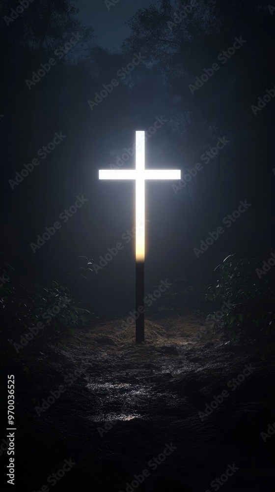 Naklejka premium Illuminated cross in a dark forest, spiritual