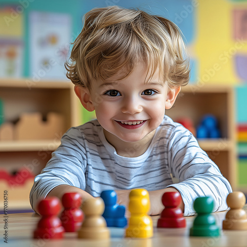 A young boy playing with wooden toys in a classroom setting