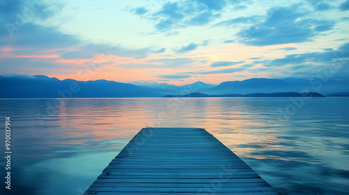 A serene ocean view from a peaceful dock with the sun setting behind distant mountains and calm water reflecting the sky.